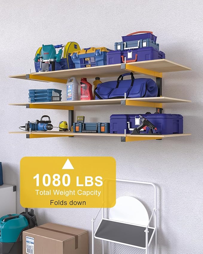 Lumber Rack Wall Mount Storage Racks Folding Wood Organizer Heavy Duty Shelf Brackets With 9-Level 1080 Lbs Capacity Yellow Metal Utility Racks Garage Wall Shelving for Indoor and Outdoor Use (6 Pack)