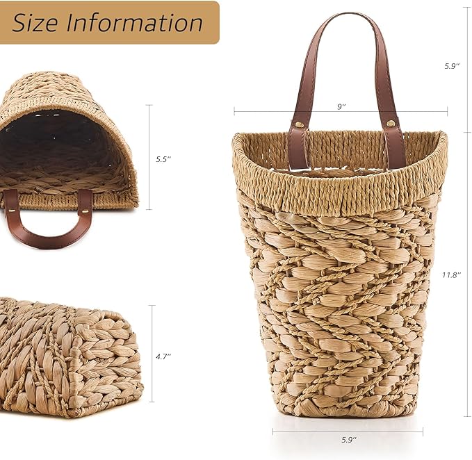 Handwoven Front Door Basket Water Hyacinth Wall Hanging Basket Decorative Boho Mounted Organizer for Dried Flower Plants Storage Basket for Garden, Home, and Farmhouse Décor