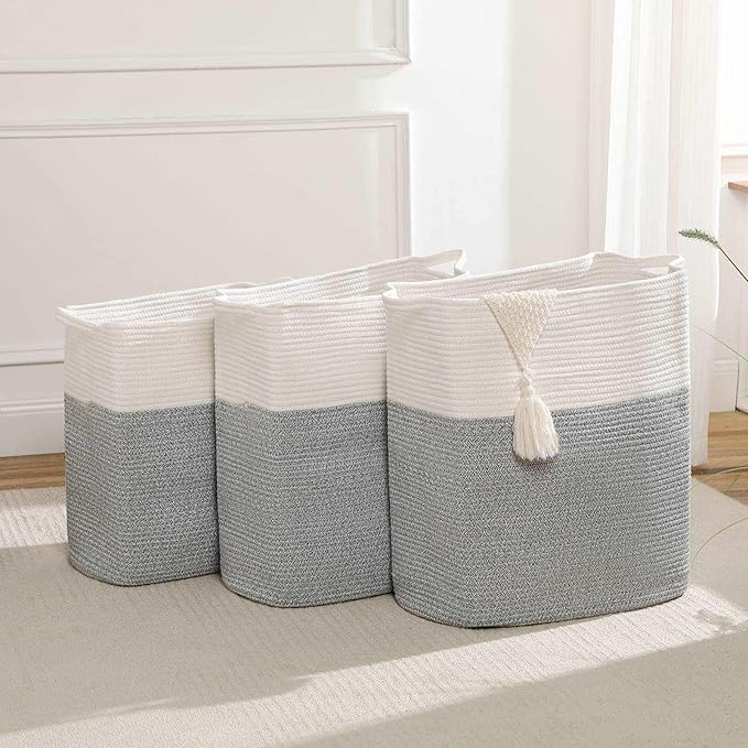 Tall Laundry Basket With Handles,Woven Cotton Rope Big Laundry Hamper Sorters,Versatile Storage for Dirty Clothes,Baby Toys,and Blankets in Bathroom, Nursery,and Living Room (Silver Gray, 80L)
