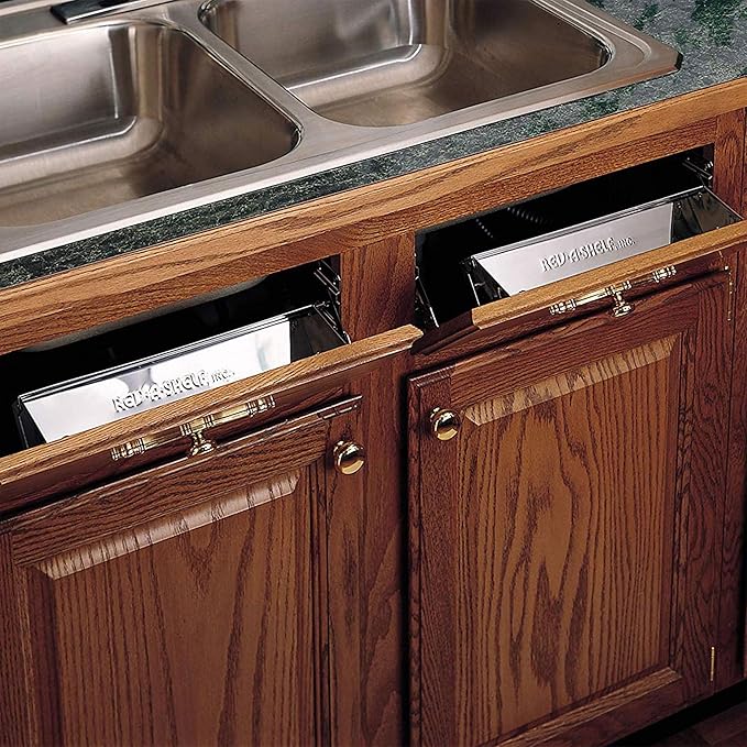 Rev-A-Shelf 19" Slim Tip-Out Sink Tray for Kitchen and Bathroom Base Cabinets, Large Pull Out Stainless Steel Storage Organizer, Silver, 6541-19-52