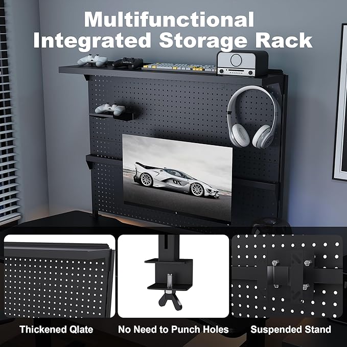 KEIKI Clamp-On Desk Pegboard with Single Monitor Stand, 43" x 35" Steel Peg Board Office Organizer with Hooks, Movable Panel & Shelf for Office Supplies, Gaming Setup & Desk Organization, Black