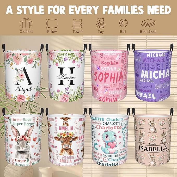 Custom Name Laundry Hamper, Personalized Dinosaur Laundry Basket with Name for Laundry Room Dorm Bedroom, Customized Name Dirty Clothes Hamper with Handles for Clothes Toy Boys Girls Men Women