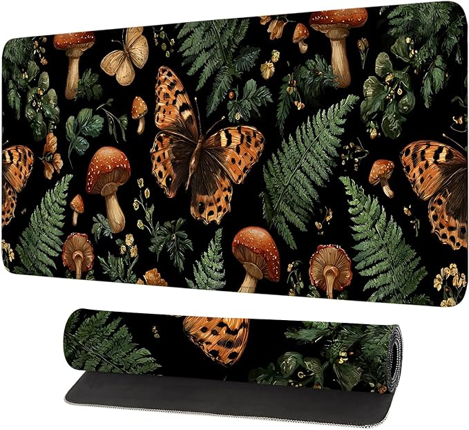 Vintage Butterfly Mushroom Mouse Pad – Large Extended Desk Mat 31.5 x 11.8 in– Dark Forest Aesthetic with Ferns & Fungi, Waterproof Surface, Non-Slip Rubber Base, Keyboard & Mouse Pad