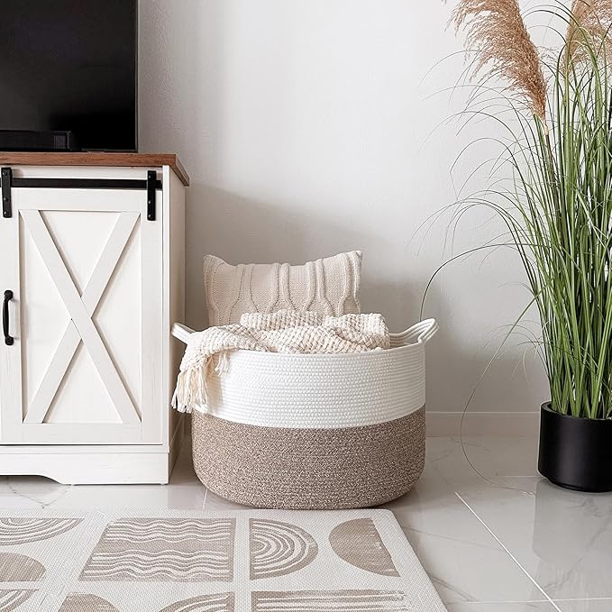 INDRESSME XXXLarge Cotton Rope Basket 21.7" x 21.7" x 13.8" Woven Baby Laundry Blanket Baskets Toy Burr Basket with Handle Storage Comforter Cushions for Christmas Thread Laundry Hamper