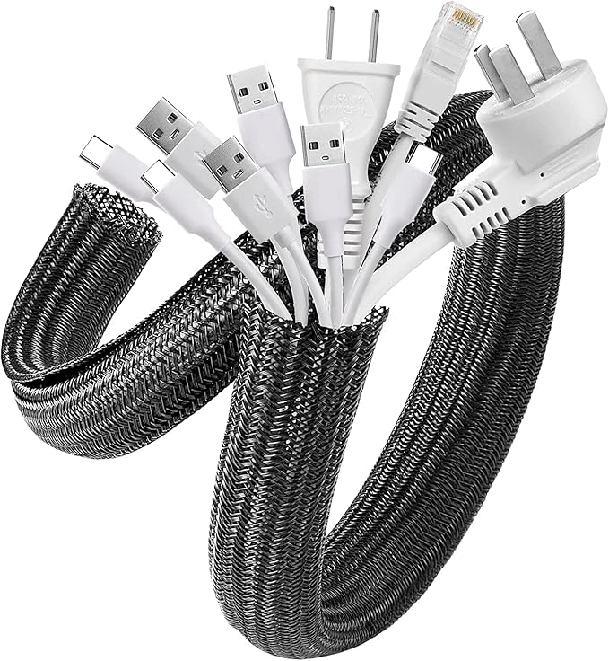 AGPTEK Cable Sleeve Cover, 25ft - 4/5 inch Desk Cord Organizer Cable Hider, Home Office Wire Management Computer TV Wire Loom Tubing, Pet Proof Cord Protector, from Cat Dog Chewing, Black