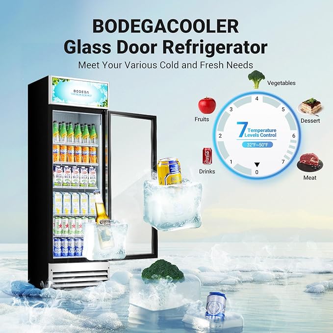BODEGACOOLER Commercial Merchandiser Refrigerator, 12.5 Cu.Ft Glass Door Display Refrigerator, Upright Beverage Cooler with Soft LED Light, Adjustable Shelves, 4 Strong Castors(Stainless Steel)
