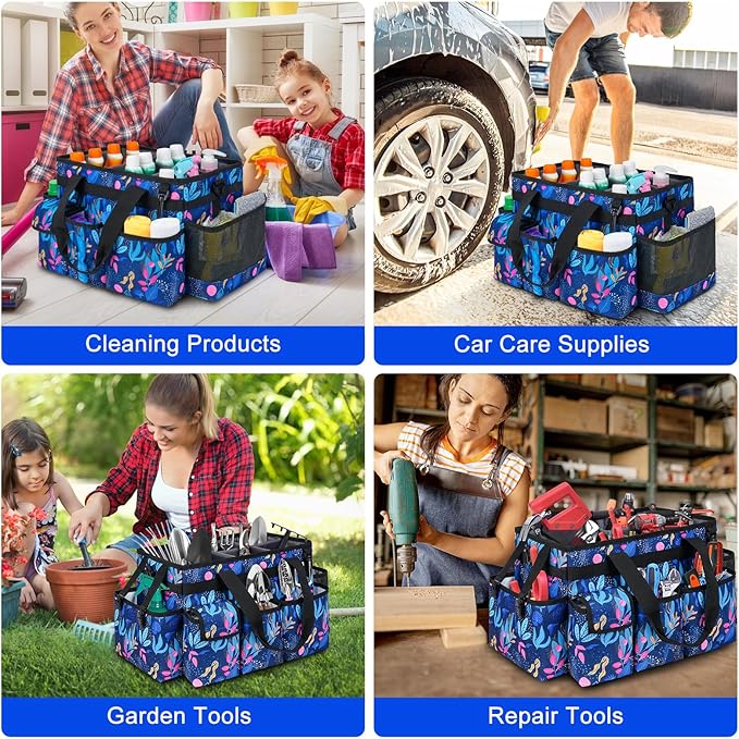 Cleaning Organizer, Large Caddy Bag for Supplies, Housekeeper's Bag with Handle (Blue Leaf)