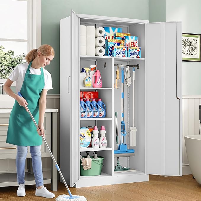 Wide & Deep Metal Storage Cabinet with Hanging Rod,White Broom Closet Storage Cabinet with Lock,72" Tall Wardrobe Cabinets with Doors and Shelves,Locking Steel Tool Cabinets for Home,Office,Garage