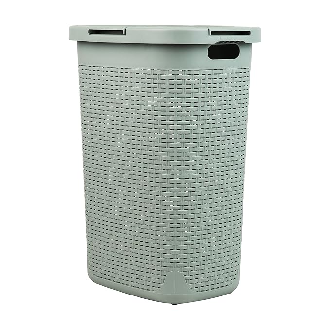 Mind Reader Slim Laundry Hamper with Lid, 60L Clothes Basket, Premium Wicker Design, Plastic, Mint
