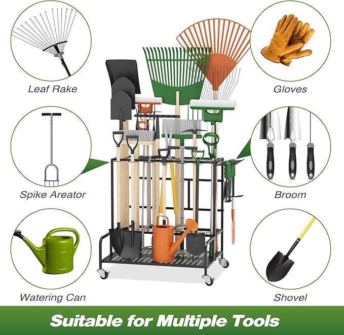 Garden Tool Organizer Rack with Wheels Up to 39 Tools, Heavy-Duty Steel Yard Tool Organizer for Garage Storage with 12 Hooks, Broom Holder & Garden Tool Rack for Shed, Patio, Outdoor Use, Black