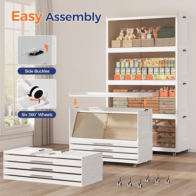 320GAL Extra Large Storage Bins with Lid, 1280QT Collapsible Organizer with Wheels, Stackable Closet Cabinet with Doors, Folding Storage Containers for Home, Office, Kitchen, 3Pack White