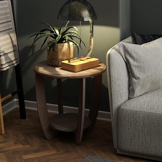 COZAYH Set of 2 Rustic Farmhouse End Tables with Storage Shelf, French Country Modern Round Accent Side Table for Small Spaces, Vintage Grey Finish