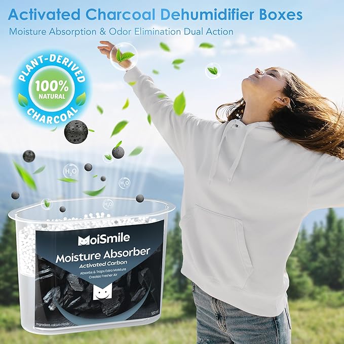 Moisture Absorbers 12 Pack, Activated Carbonfor Closet Dehumidifier Moisture Absorbers, 10.5 oz Refillable Humidity Absorber Boxes for Closet, Car ＆ Basement