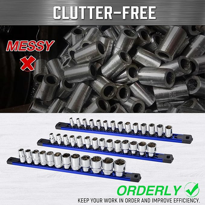ALOANES 6-Piece Magnetic Rail Organizer, Heavy Duty Aluminum Rails, 360 Swivel Clips Socket Holder Kit for Tool Box, 1/2, 3/8, 1/4-Inch Socket Holder x 80 Clips (Blue)