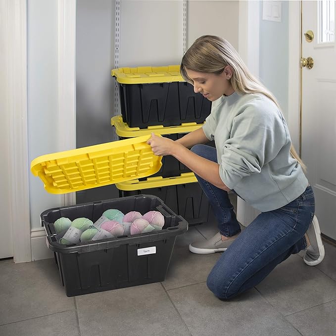 CX BLACK & YELLOW, 12-Gallon Heavy Duty Tough Storage Container & Snap-Tight Lid, (12.51H x 16.3W x 21.8D), Weather-Resistant Design and Stackable Organization Tote [4 Pack]