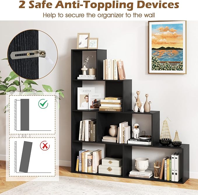 Tangkula 4-Tier Stepped Bookshelf, Freestanding 6 Cubes Ladder Bookcase with Anti-Tipping Kits, 64" Tall Modern Wooden Storage Display Rack for Home Office Living Room Study (1, Black)