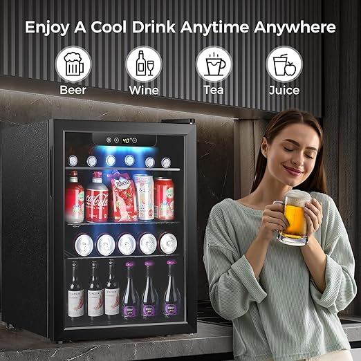 COWSAR 2.65 Cu.ft Wine Fridge, ETL Approved Beverage Refrigerator 95 Can Quiet Freestanding Mini Wine Cooler Clear Front Glass Door, Quiet Operation, Adjust Temperature for Home Bar, Drink Fridge