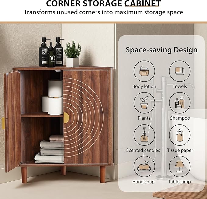 Small Corner Storage Cabinet, Modern Freestanding Floor Cabinet with Magnetic Door Lock and Adjustable Shelves, Small Space Corner Table for Bathroom, Kitchen, Dining Table, Living Room, Walnut