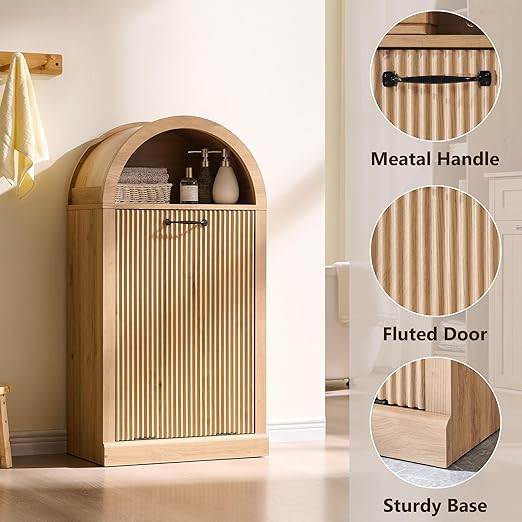 Arched Tilt-Out Trash Can Cabinet, Fluted 10 Gallon Trash Can Cabinet Set of 2, Modern Laundry Hamper, Hidden Garbage with Storage Basket for Kitchen, Living Room, Natural