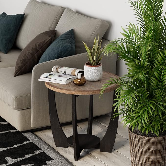 COZAYH Set of 2 Rustic Farmhouse End Tables with Storage Shelf, French Country Modern Round Accent Side Table for Small Spaces, Wood Top & Black Base