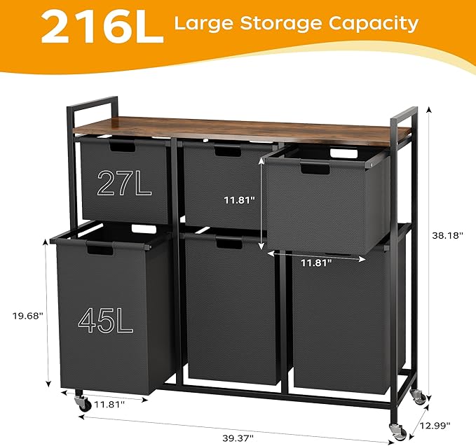 HOMEIJU Laundry Basket with Wheels, Rolling Laundry Hamper Organizer with Large Desktop, Laundry Sorter with 6 Pull-Out and Removable Laundry Bags, Metal Frame, Rustic Brown and Black