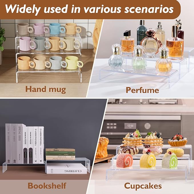 Large Acrylic Display Risers, 2 Set - 6 Pack (12”L~11.6”L~11.2”L) Collectibles Display Shelf, Acrylic Risers Display Stands for Show Figures, Cupcake, Perfume, Jewelry, Toys