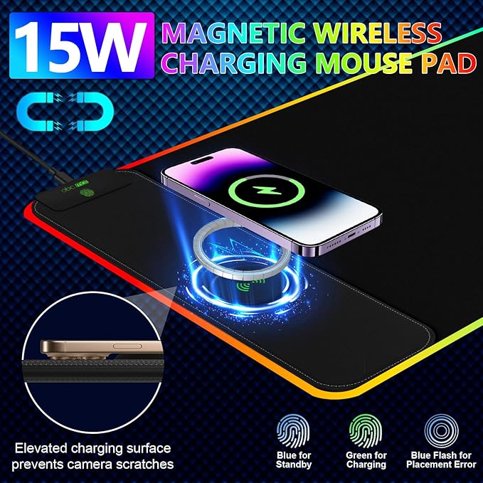 Magnetic Wireless Charging RGB Mouse Pad, 31.5'' x 15.8'' Large LED Gaming Desk Mat, 24 Light Effects, Non-Slip Rubber Base, Waterproof Ultra-Smooth Surface