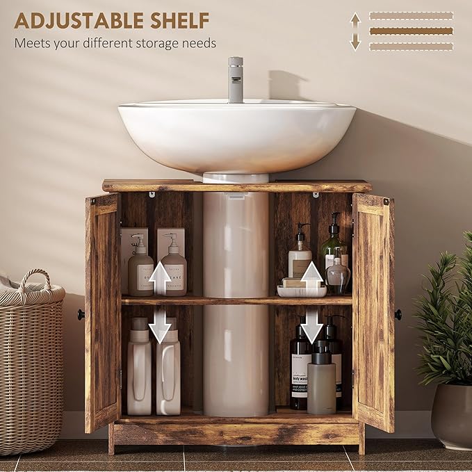 HOMCOM Under Sink Bathroom Cabinet, Pedestal Sink Storage Cabinet with 2 Doors, Shelf and U-Shape, Rustic Brown