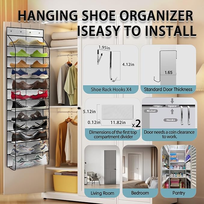Over The Door Shoe Organizer with 12 Large Breathable Pockets - Durable Hanging Storage for the Entire Family's Shoes - White