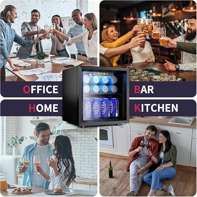 48 Can Beverage Refrigerator Cooler, Mini Fridge Glass Door with Adjustable Shelves, Freestanding Beverage Fridge with Blue LED for Home/Office/Dorm/Bar, 1.3 Cu.ft