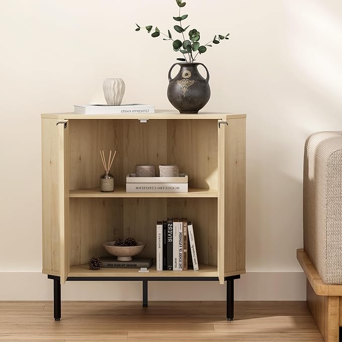 Modern Corner Cabinet, Fluted Wood Floor Storage Cabinet with Adjustable Shelf, Freestanding Narrow Organizer for Living Room Kitchen, Light Oak