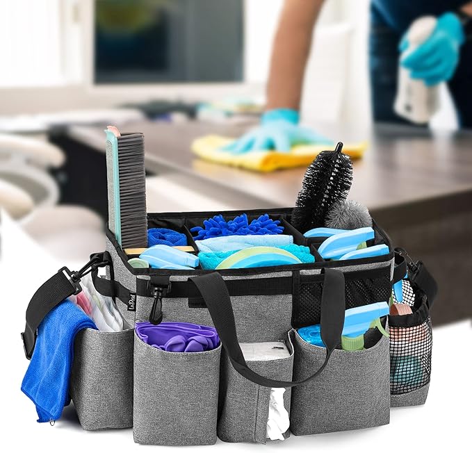 LoDrid Wearable Cleaning Caddy Bag with 4 Foldable Dividers, Cleaning Supply Organizer with Shoulder Strap and Side Handles for Cleaners & Housekeepers, Grey