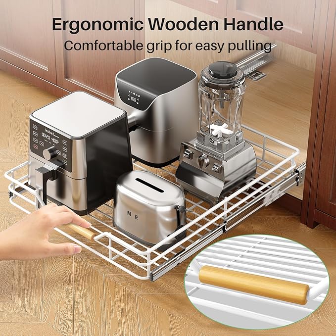 Pull out Cabinet Organizer, 15"W X 21"D, Heavy Duty Smooth Sliding Under Cabinet Shelves for Pots and Pans, Full-Extension Roll out Drawers, Slide out Organization for Home Kitchen Pantry, White