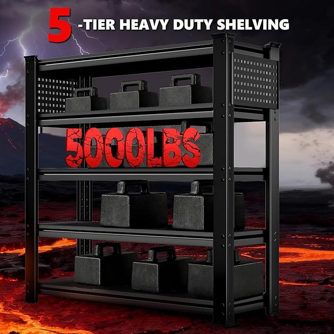 SILVEL 48.2"W Garage Shelving, 5000LBS Heavy Duty Metal Shelving, 2025 Solid Storage Shelves, 2 Side Pegboards, Industrial 5 Tier Shelves for Basement Pantry Warehouse Supermarket, 72.2" x24.2" x48.2"
