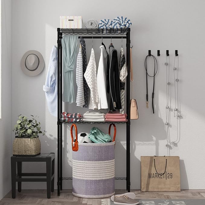 Xiofio Washer and Dryer Storage Shelf,Clothes Drying Rack,2 Tier Adjustable Height Storage Shelving with 2 Side Hook Laundry Shelves Used for Bathroom, Bedroom,Balcony,Black