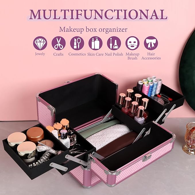 Makeup Train Case Cosmetic Organizer Case Makeup Box Portable Make Up Artist Travel Case with 4 Trays Dividers Lockable Hard Train Case Nail Tech Supply Storage - Crystal Pink