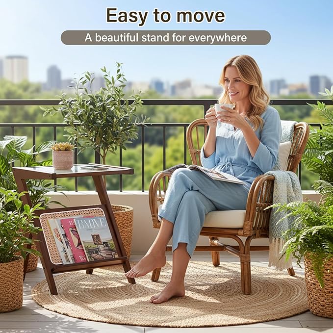 Tiita Rattan Side Table, Mid Century Nightstand, Bamboo Accent Bedside Tables, Glass Coffee Tables, Boho Wooden End Table with Storage for Small Space, Living Room and Bedroom