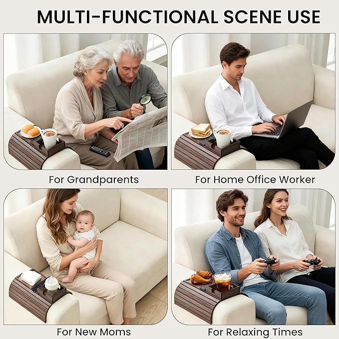 Bamboo Sofa Arm Tray Table, Foldable Couch Cup Holder, Anti-Slip Wide Couch Arm Tray Aremrest Table for Drink, Cup, Remote, Snacks, Cellphone, Portable, Brown