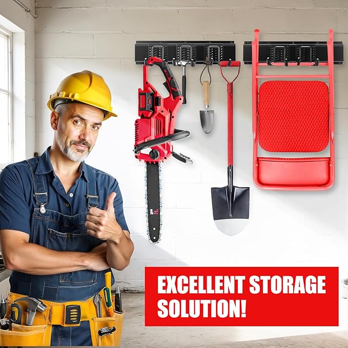 64 Inch Garage Tool Organizers Storage Rack System with 12 Hooks Wall Mount Tool Organizer for Garage Shed Yard Broom Shovel and Power Tool Holder
