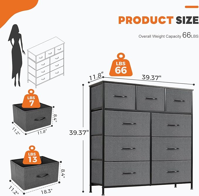 Sweetcrispy 9-Drawer Fabric Dresser Storage Tower with Wood Top and Steel Frame, Organizer Chest with Easy Pull Handles for Bedroom, Closet, Hallway,Modern Gray