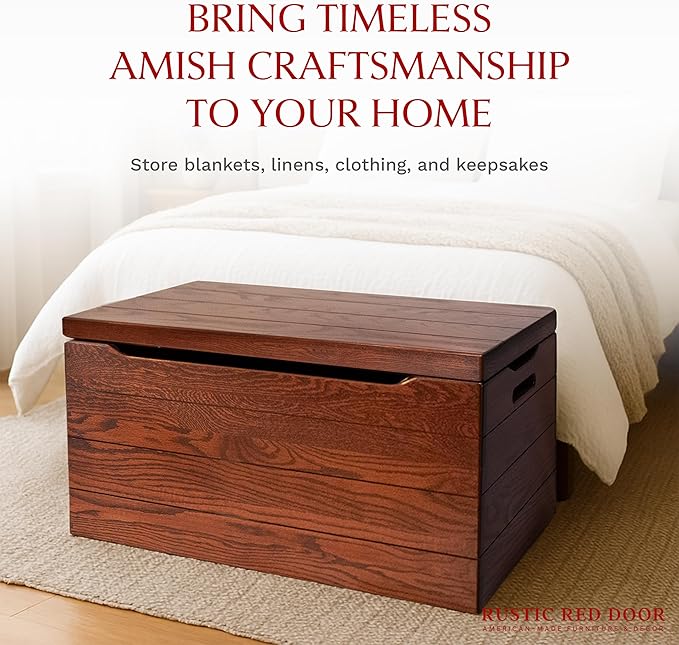 Amish Made Wooden Storage Chest Trunk Box with Lid and Handles for Bedroolanket, Clothes, Anti-Slam Hinges, Handmade, Rustic, Oak Wood, Michaels Stain, 36"