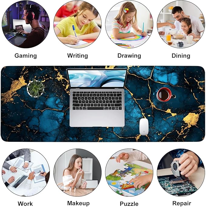 Blue Marble Gold Vein Mouse Pad – Large Extended Desk Mat 31.5 x 11.8 in– Elegant Navy Ink Texture with Metallic Cracks, Keyboard & Mouse Pad for Office & Gaming