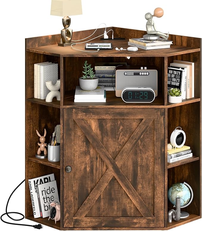 Corner Storage Cabinet, Farmhouse Corner Bookshelf with Storage 6-Cubby Wooden Cabinet with USB Ports and Outlets Industrial Organizer for Small Space, Study, Playroom, Living Room
