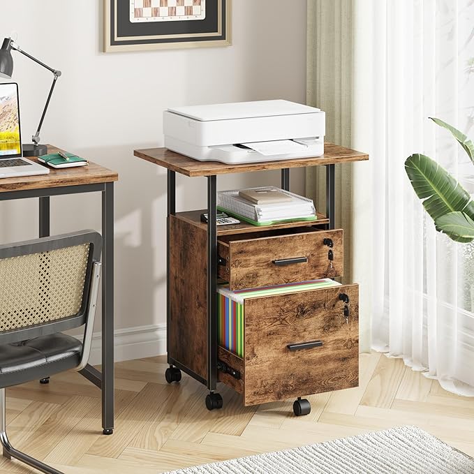 GYIIYUO 2 Wood Drawer Lockable File Cabinet with 22'' Extended Desktop, Mobile Filing Cabinet with Side Bag, Rolling Printer Stand, Fits A4&Letter Size, Home Office, Rustic Brown