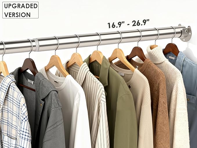 FIRJOY Premium Stainless Steel Closet Rod 1.0mm/1.3", Heavy Duty Adjustable Hanging Bar for Clothes Organization, No-Splice 1-Piece Telescoping Design (Silver, 16.9" - 26.9")