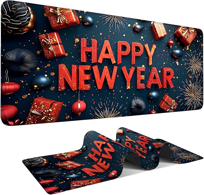 Happy New Year Gaming Mouse Pad 35.4"x15.7"Desk Mat Anti-Slip Rubber Base & Durable Stitched Edges for Gamers Smooth Mouse Writing Surface for Desk Office/Home