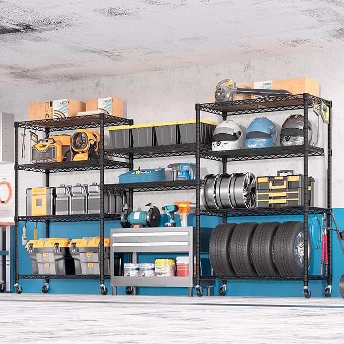 PrimeZone 74''H Wire Shelving 1250lbs 5 Tier Storage Shelves with Wheels NSF Certified Heavy Duty Steel Metal Shelf Adjustable Rolling Rack Kitchen Garage Closet Pantry Laundry 74''HX36''WX14''D 4PCS