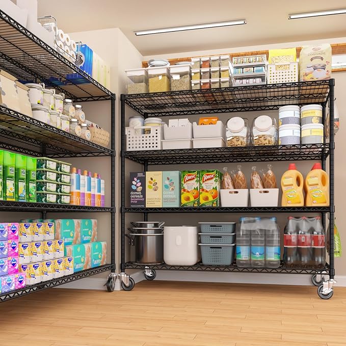 PrimeZone 6 Packs 55.5" W x 24" D x 80" H Heavy Duty Wire Storage Shelves with Wheels, 4 Tier Adjustable NSF Certified Garage Shelving Unit, Rolling Metal Organizer Shelf Rack for Warehouse, Pantry