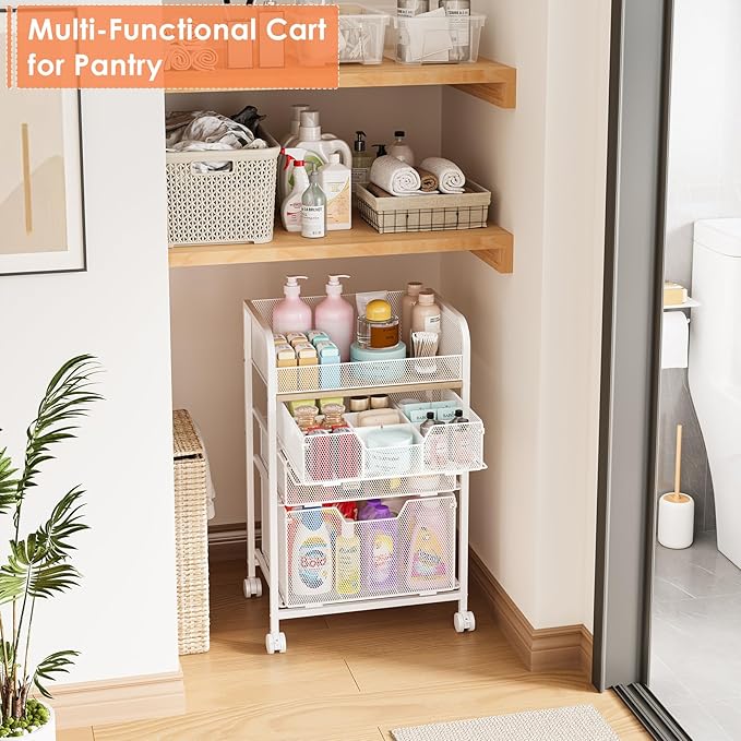 4-Tier Rolling Utility Cart with 3 Drawers - White Craft Organizers and Storage with DIY Dividers, Under Desk Art Supply Storage Organizer with 360° Lockable Wheels for Brushes Artifacts Small Parts