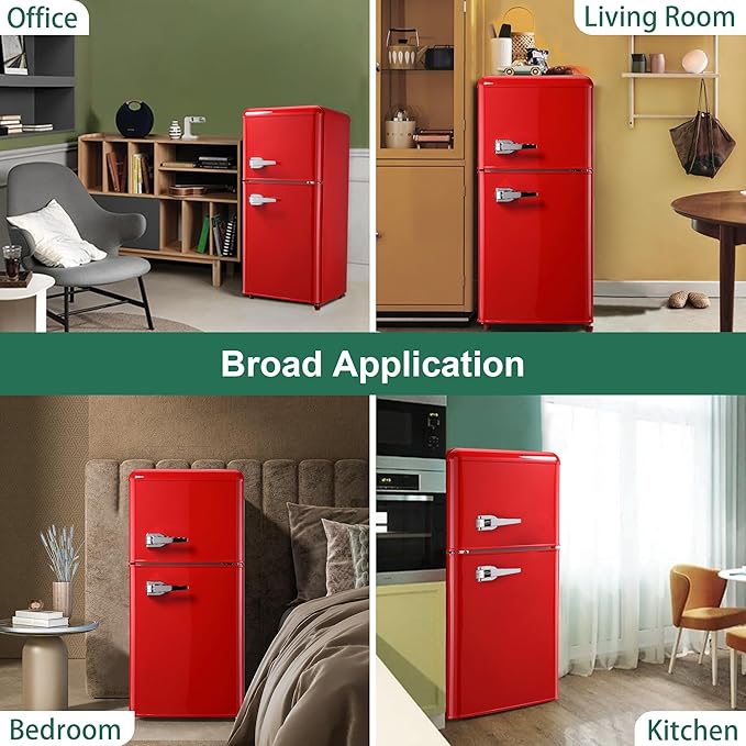 Retro Mini Fridge, 3.2 Cu. Ft. Small Refrigerator with Freezer Retro Style with 7-Level Adjustable Thermostat, Compact Vintage 2-Door Fridge for Apartments, Dorm, Office, Red